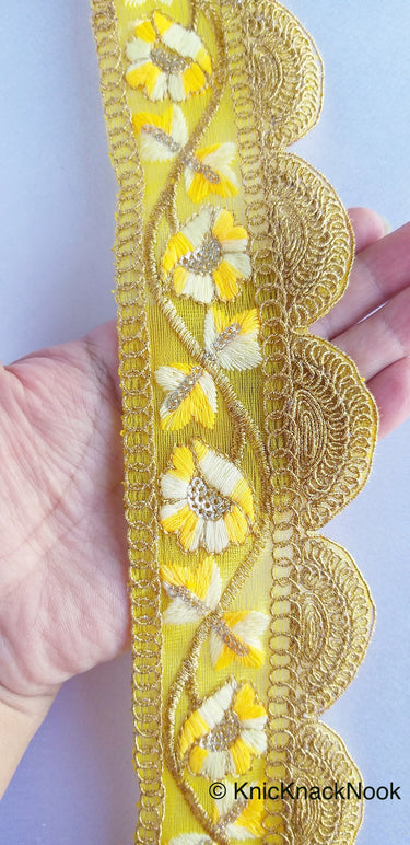 Green / Yellow / Orange And Gold Embroidered Fabric Trim With Floral Embroidery, Scallop Trim, Approx. 65mm Wide - 210119L174 / 75 / 76